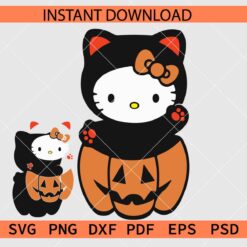 Teddy Bear Kitty Vector SVG, Hello Kitty Teddy Bear with Halloween Pumpkin Stencil SVG