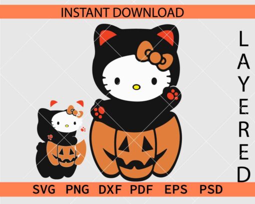 Teddy Bear Kitty Vector SVG, Hello Kitty Teddy Bear with Halloween Pumpkin Stencil SVG