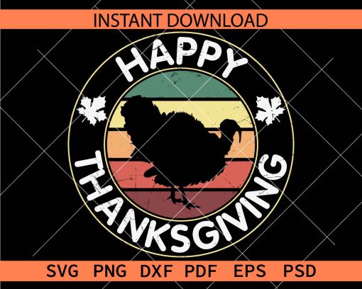 Turkey in Retro circle Happy Thanksgiving Clipart SVG
