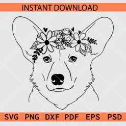 Welsh corgi head with floral crown outline SVG
