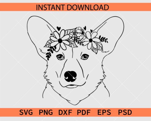 Welsh corgi head with floral crown outline SVG