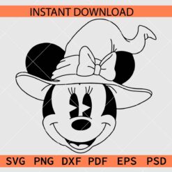 Witch Minnie Mouse Coloring Page SVG, Minnie Head with Witch Hat Outline SVG