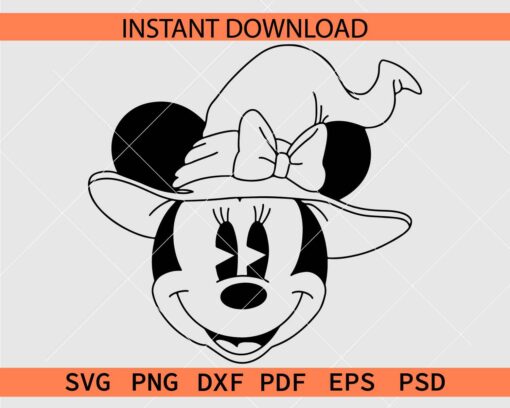 Witch Minnie Mouse Coloring Page SVG, Minnie Head with Witch Hat Outline SVG