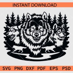 Wolf in pine forest stencil Silhouette SVG