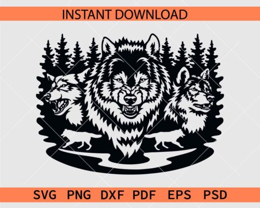 Wolf in pine forest stencil Silhouette SVG