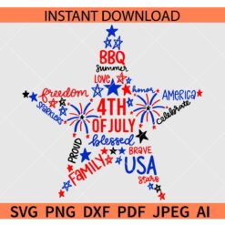 4th of July Word star SVG, Patriotic Day Star words SVG, July Fourth Star Word Art SVG