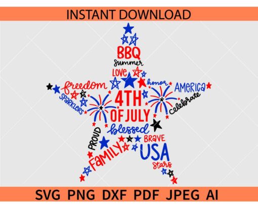 4th of July Word star SVG, Patriotic Day Star words SVG, July Fourth Star Word Art SVG