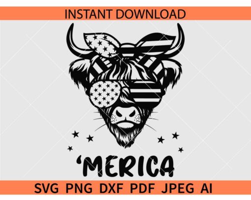 4th of July highland cow SVG, Patriotic Highland Cow sunglasses SVG