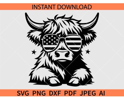 American Flag Sunglasses Highland Cow SVG, Peeking Patriotic Highland Cow SVG