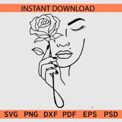 Beauty with Rose Line Art SVG, Beautiful Girl Holding Rose Flower Sketch SVG