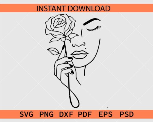 Beauty with Rose Line Art SVG, Beautiful Girl Holding Rose Flower Sketch SVG