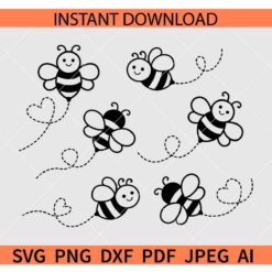 Bees Outline Heart Symbol Bundle SVG, Bees Trail Stickers SVG
