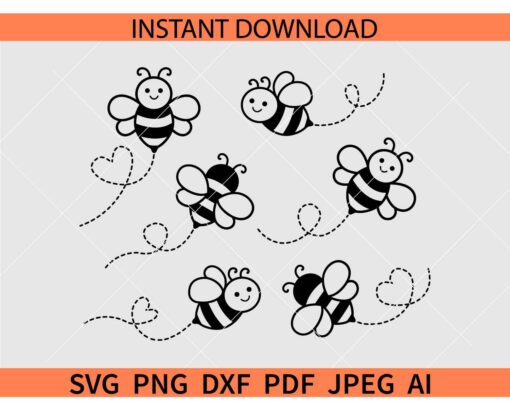 Bees Outline Heart Symbol Bundle SVG, Bees Trail Stickers SVG