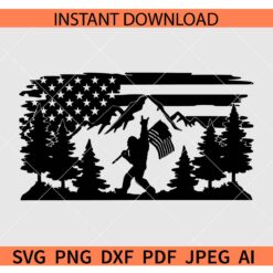 Bigfoot American Flag Mountain scene SVG, Patriotic Bigfoot Forest Scene SVG