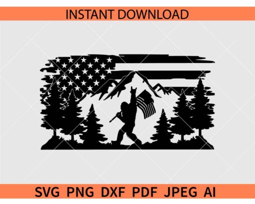 Bigfoot American Flag Mountain scene SVG, Patriotic Bigfoot Forest Scene SVG