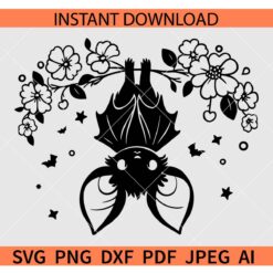 Cute Hanging bat SVG, Floral Hanging Bat SVG, Hanging Bat Flowers SVG
