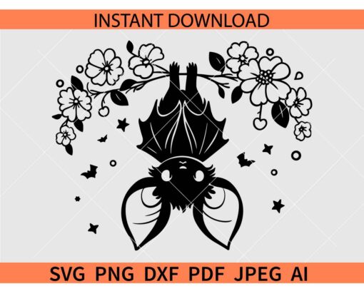 Cute Hanging bat SVG, Floral Hanging Bat SVG, Hanging Bat Flowers SVG
