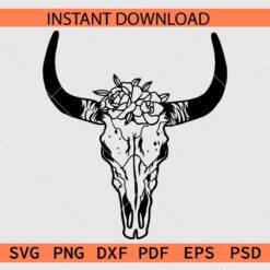 Floral Bull Skull Silhouette SVG, Bull Skull Flowers Silhouette SVG