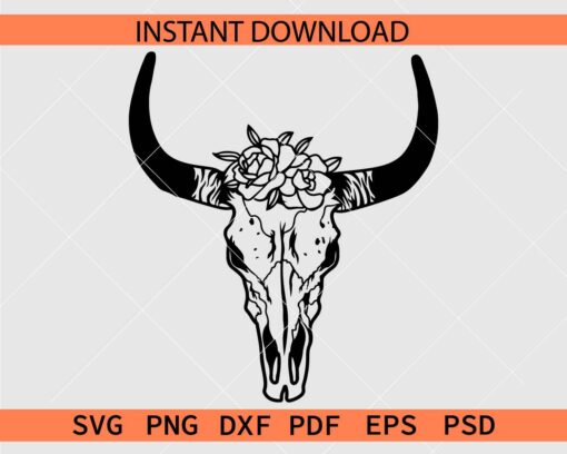 Floral Bull Skull Silhouette SVG, Bull Skull Flowers Silhouette SVG