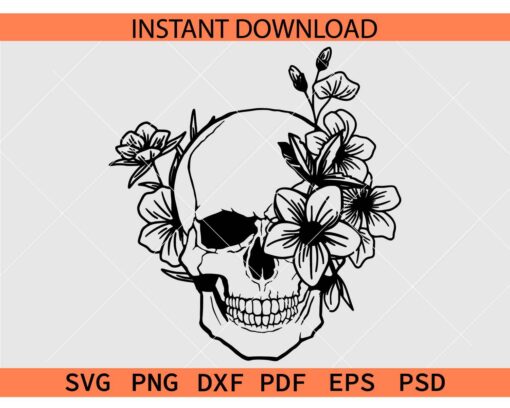 Halloween Floral Skull SVG, Skull Flowers Silhouette SVG