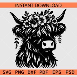 Highland Bull Head Flowers Silhouette SVG