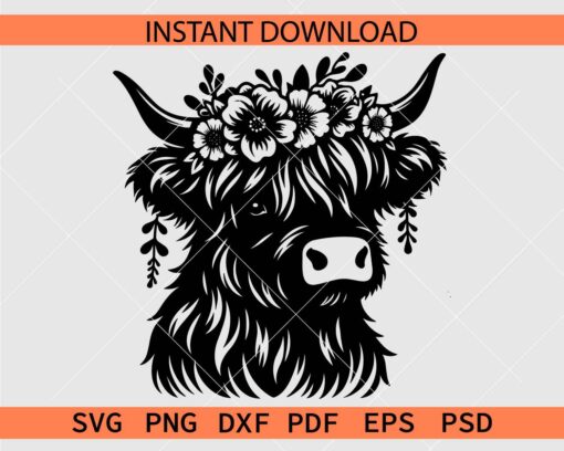 Highland Bull Head Flowers Silhouette SVG