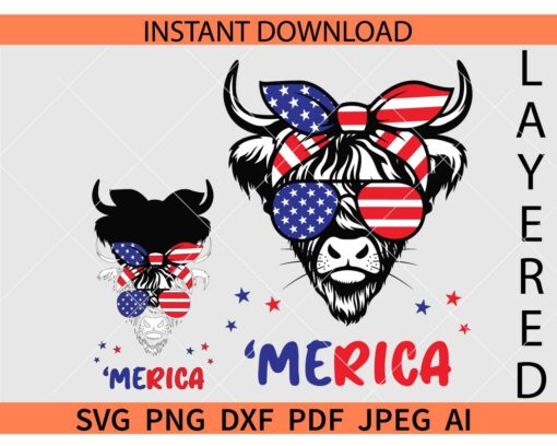 July 4th highland cow SVG, Patriotic Highland Cow Head Bandana SVG