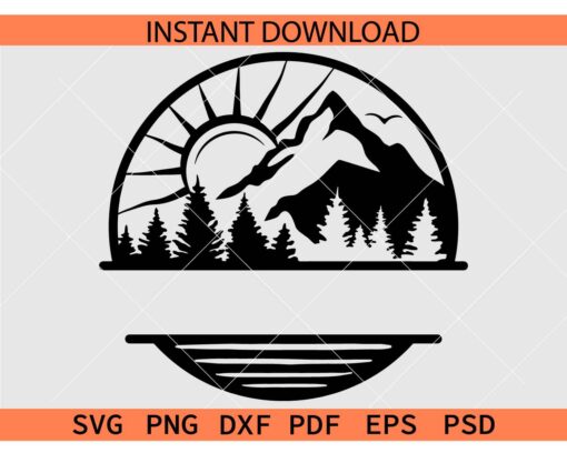 Mountain sun and forest Monogram SVG, Sun Mountain and forest Name Frame SVG