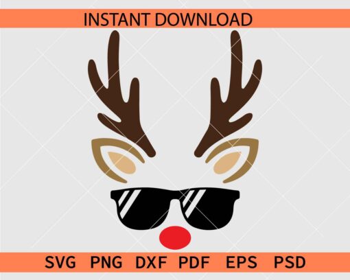 Reindeer Red Nose Sunglasses SVG, Red Nose Deer with Sunglasses SVG