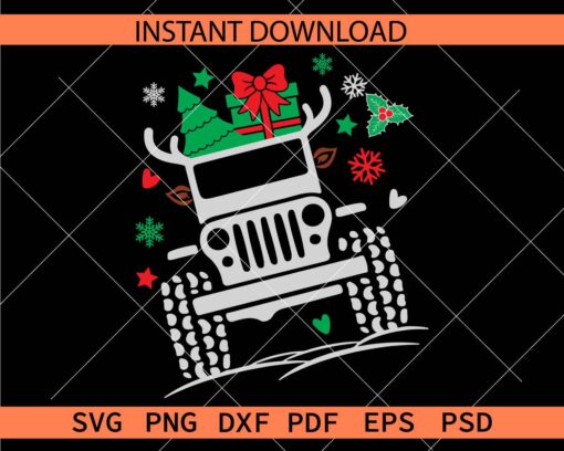 Reindeer jeep with present SVG, Jeep front with Deer antlers SVG