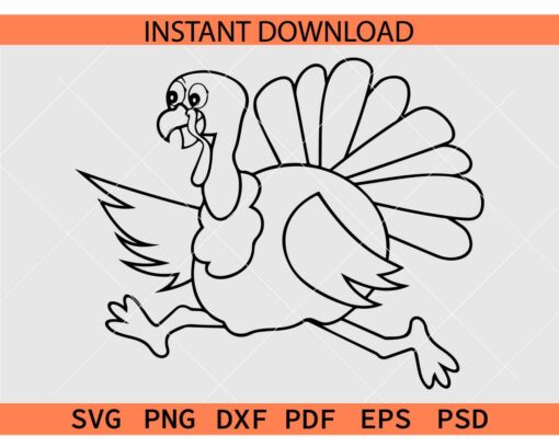 Running Turkey Coloring Page SVG, Cartoon Tukey Running SVG
