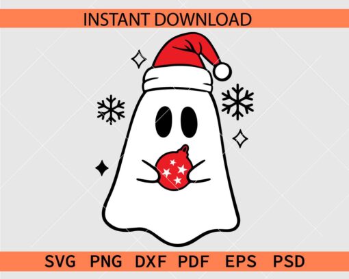 Santa Ghost with Christmas bulb SVG, Ghost with Santa Hat holding Bulb SVG