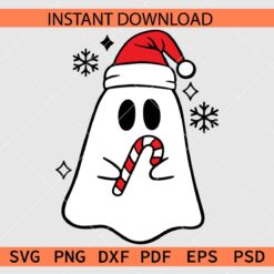 Santa Ghost with candy cane SVG, Ghost with Santa Hat Holding Candy Cane SVG