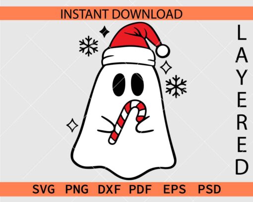 Santa Ghost with candy cane SVG, Ghost with Santa Hat Holding Candy Cane SVG