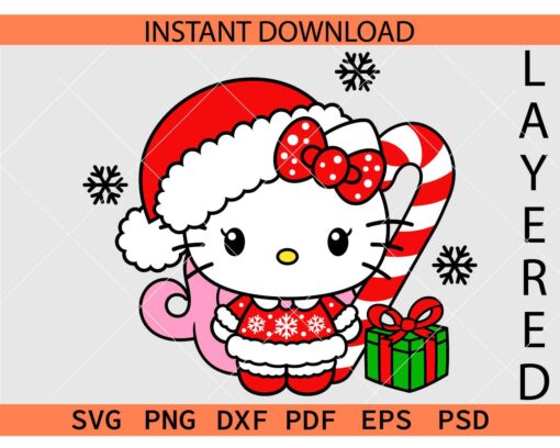 Santa Kitty with candy cane SVG, Hello Kitty with Santa Hat SVG
