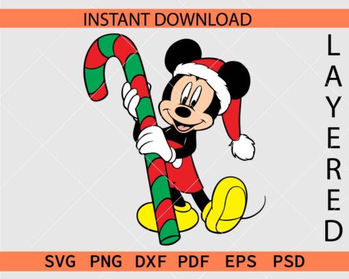 Santa Mickey with candy Cane SVG, Mickey with Santa Hat holding candy cane SVG