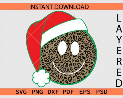 Santa Smiley Face Leopard Print SVG, Leopard print smile with Santa hat SVG