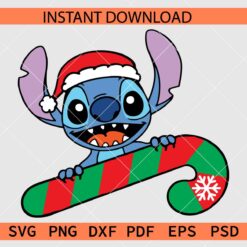 Santa Stitch Peeking on Candy Cane Layered SVG