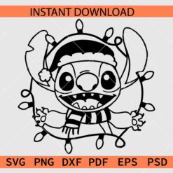 Santa Stitch with Christmas Lights Coloring Page SVG, Stitch with Santa Hat Christmas lights SVG