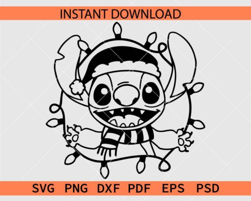 Santa Stitch with Christmas Lights Coloring Page SVG, Stitch with Santa Hat Christmas lights SVG