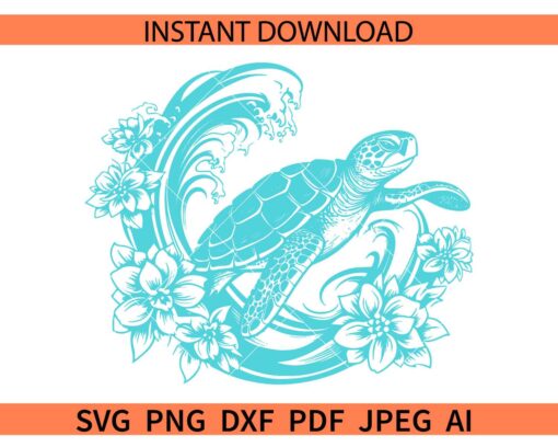 Sea waves turtle Flowers SVG, Floral Turtle sea waves SVG