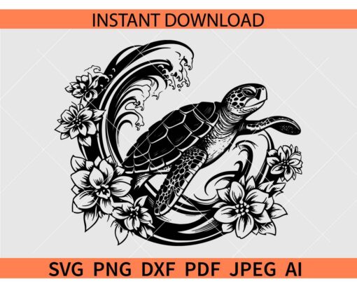 Sea waves turtle Flowers SVG, Floral Turtle sea waves SVG