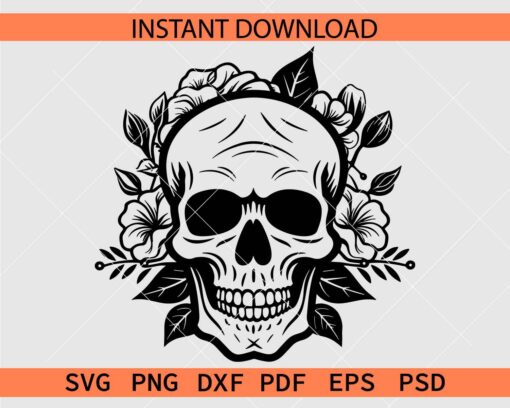 Skull floral Silhouette SVG, Halloween Skull with Flowers SVG