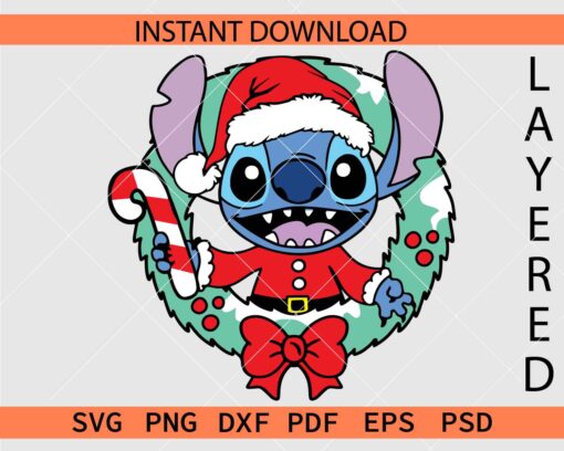 Stitch in Christmas wreath Layered SVG, Santa Stitch wreath SVG