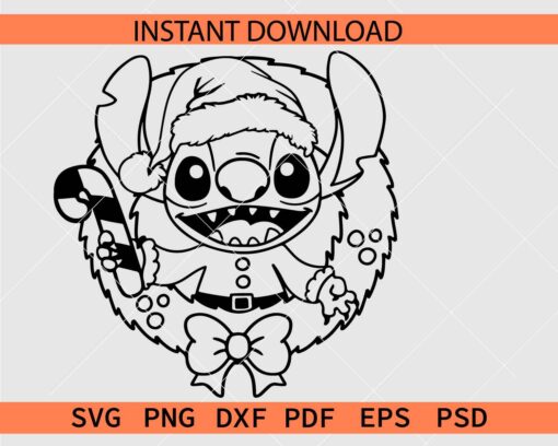 Stitch in Christmas wreath Sketch SVG, Stitch in Christmas wreath Outline SVG