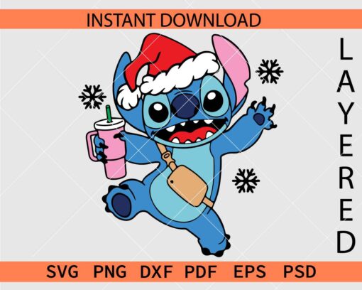 Stitch with Christmas Lights SVG, Santa Stitch with Iced Coffee SVG