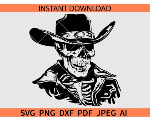 Western Cowboy Skeleton Skull SVG, Skeleton Skull with Cowboy Hat SVG