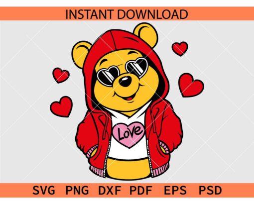 Winnie The Pooh Valentine Sunglasses SVG, Valentine Winnie the Pooh Hearts SVG