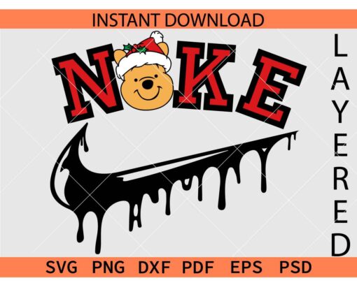 Winnie the Pooh Santa Hat Nike SVG, Santa Winnie the Pooh Drippy Nike SVG