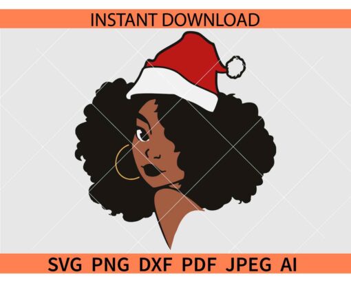 Afro woman with Santa Hat SVG, Christmas Afro woman SVG